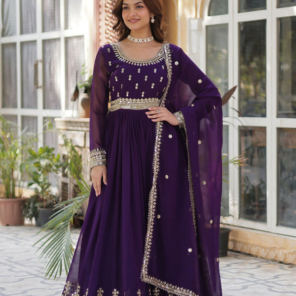 Joban Fashion Purple Georgette Sequence Embroidery Work Kurta Set - Distacart