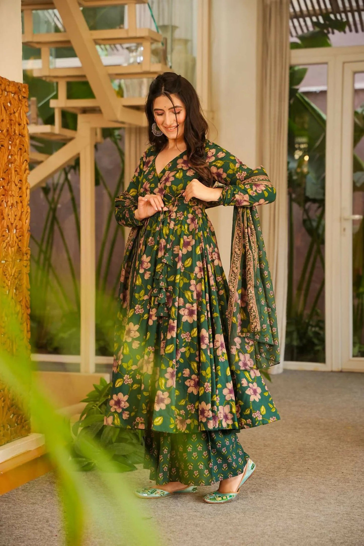 Aayaa Designer Cotton Silk Suit - Green - Dista