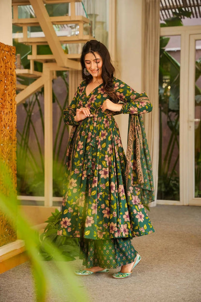 Aayaa Designer Cotton Silk Suit - Green - Dista