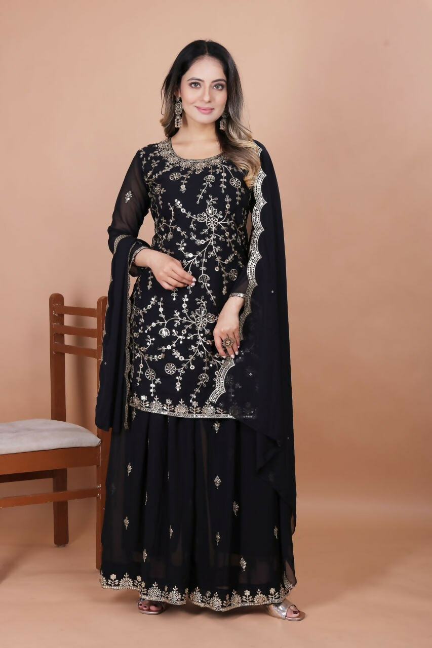 Joban Fashion Black Georgette Embroidered Sharara Set - Distacart