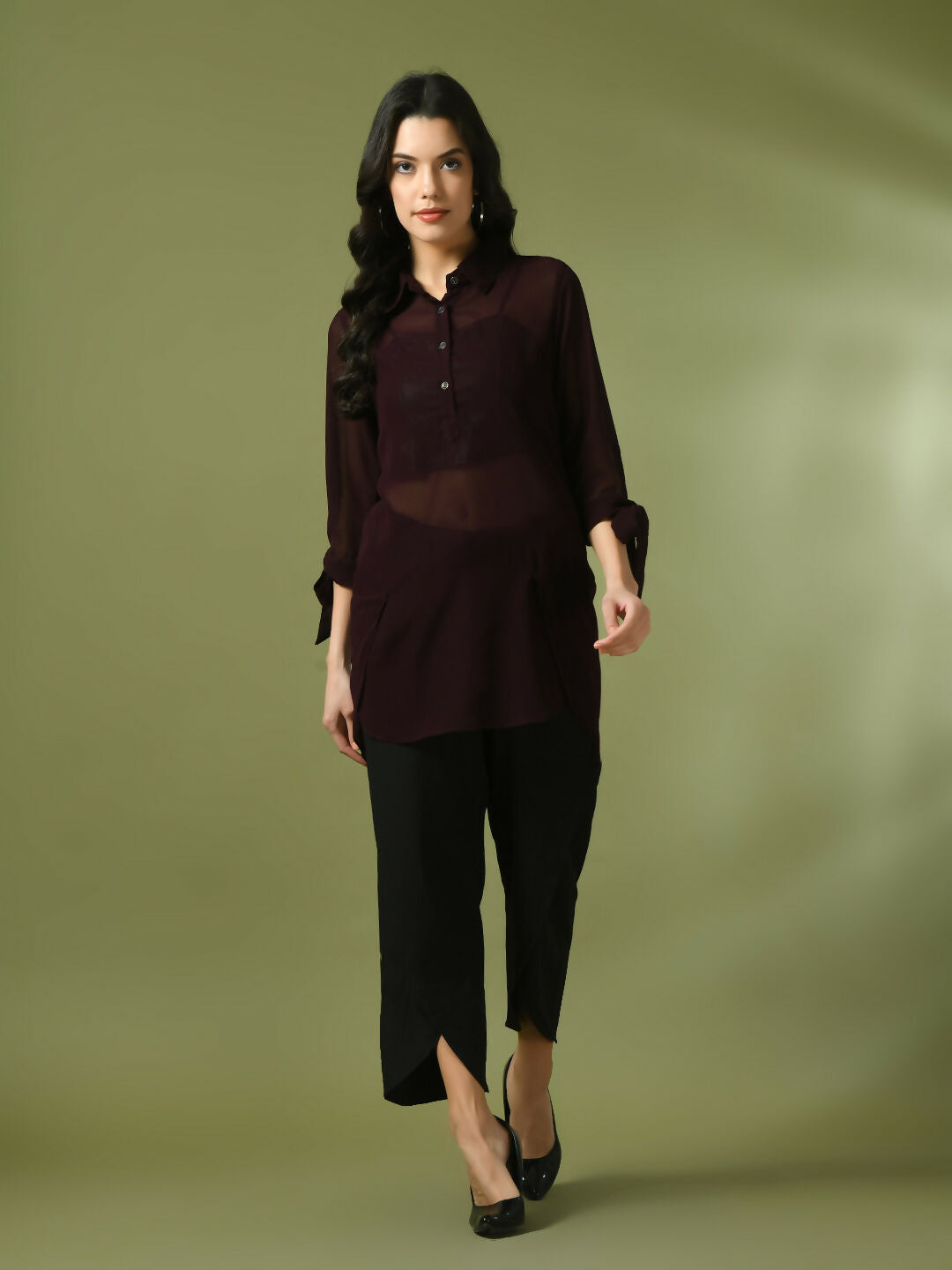 Myshka Women's Coffee Brown Solid Georgette Longline Party Sheer Tunic - Distacart