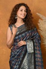 Thumbnail for Very Much Indian Modal Silk Ajrakh Handblock Printed Natural Dyes With Designer Border Saree - Black - Distacart