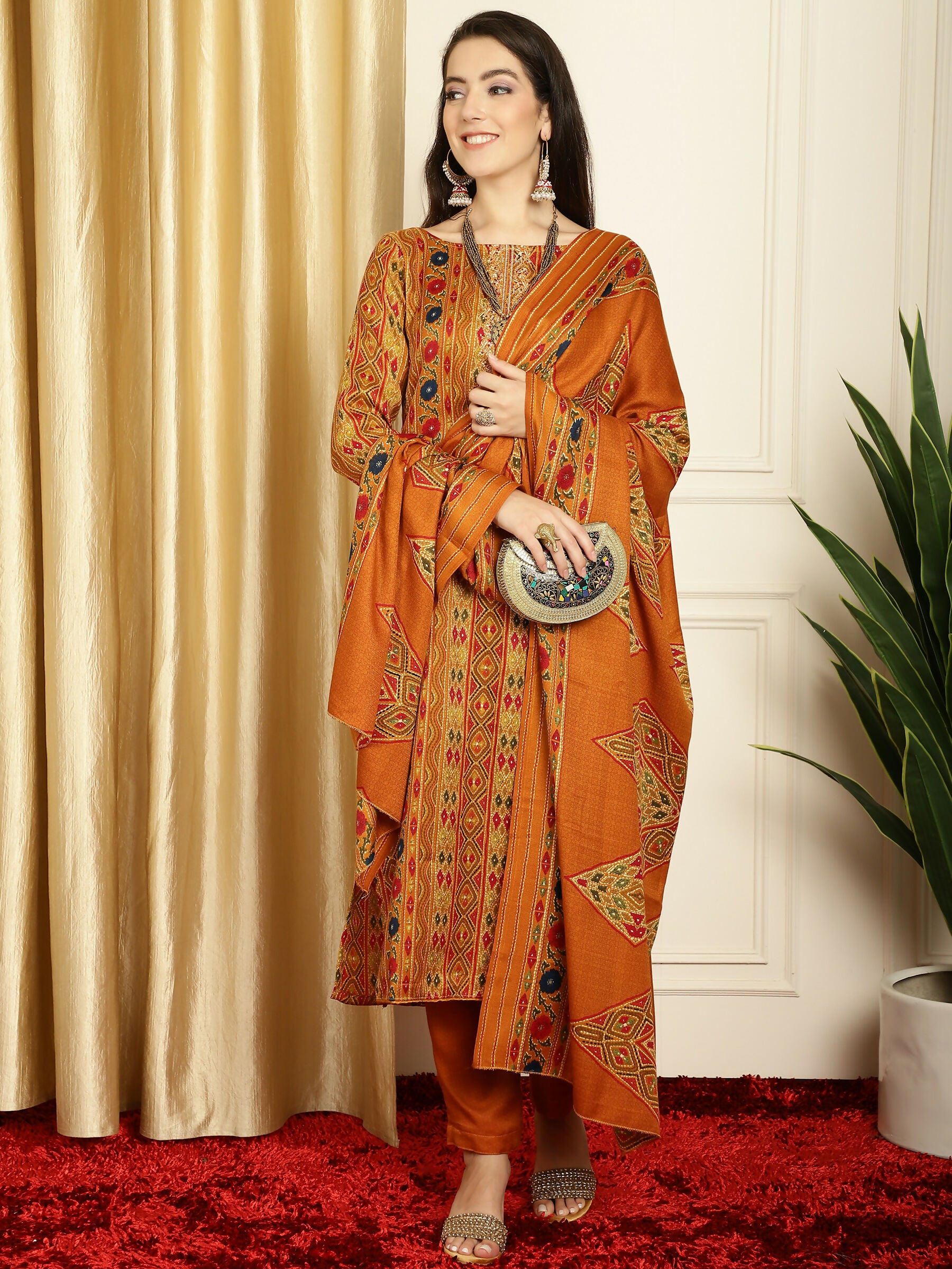 Jyoti Fashion Women's Mustard Pashmina Floral Digital Printed Kurta with Trouser & Dupatta - Distacart