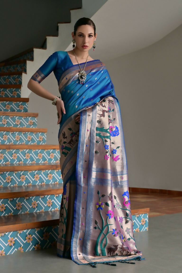 Vishnu Weaves Women's Rama Paithani Silk Zari Woven Saree with Blouse