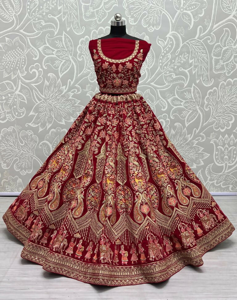 Jyoti Fashion Women's Rani Pink Velvet Multi Thread Embroidered with Zircon Diamond Work Wedding Lehenga Choli - Distacart