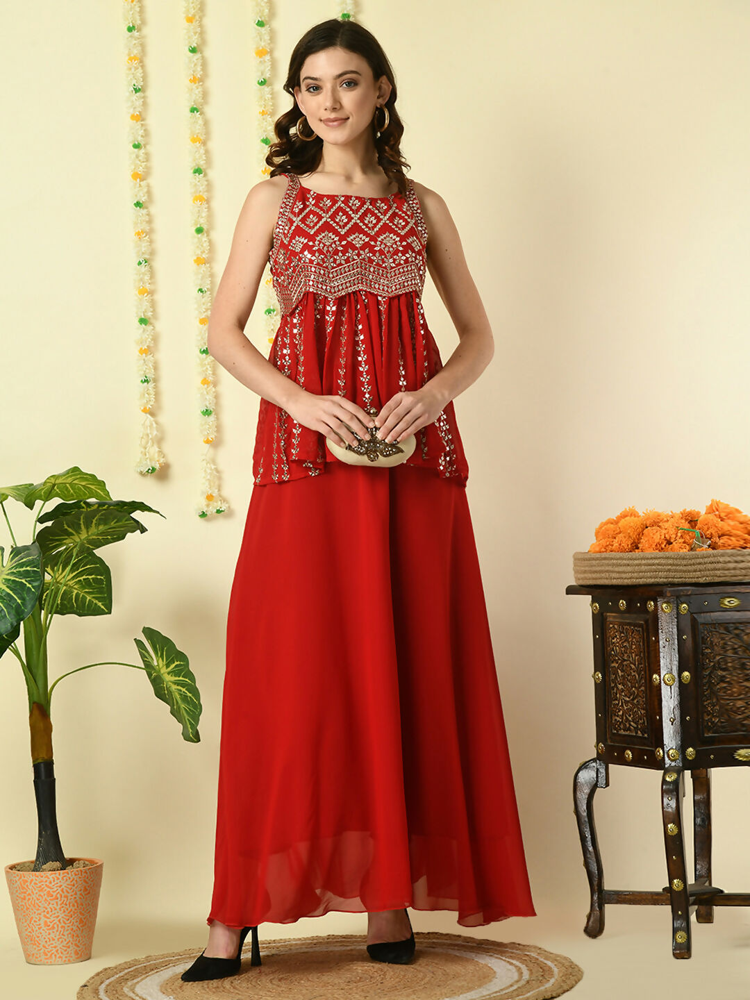 Myshka Women's Red Georgette Top With Skirt Party Sets - Distacart