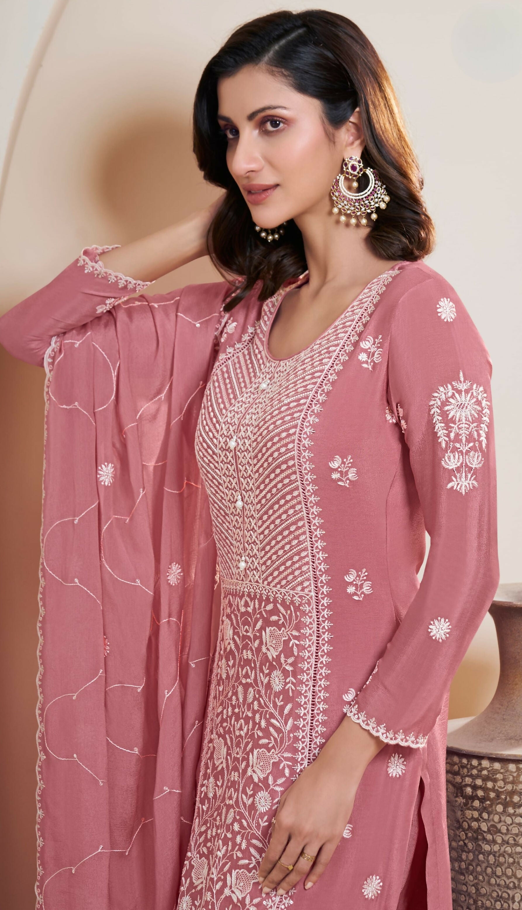 Anaita Pink Chinon Embroidered Thread Work Stitched Salwar Suit - Distacart