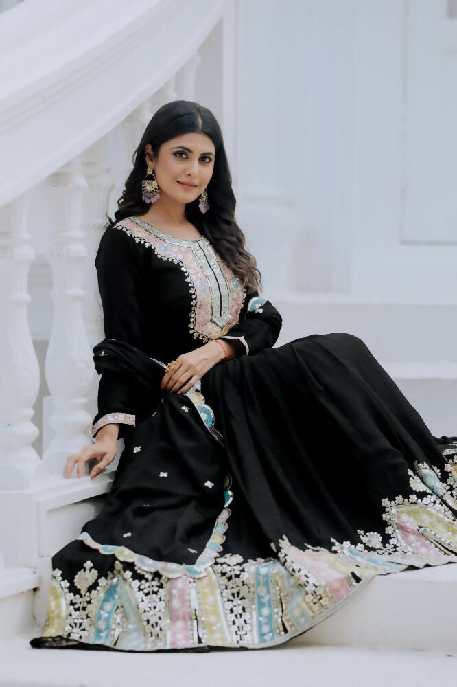 Joban Fashion Black Chinnon Silk Sequence Embroidery Work Readymade Kurta Set