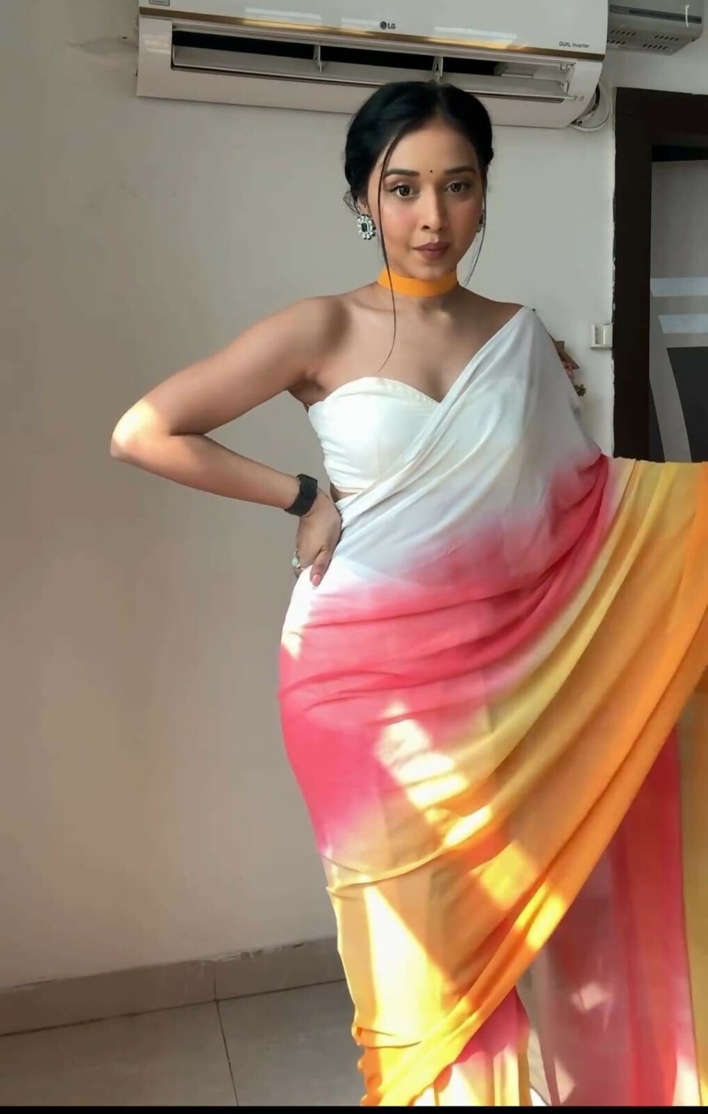 Malishka Georgette Printed Ready To Wear Saree With Blouse Piece - Orange - Distacart