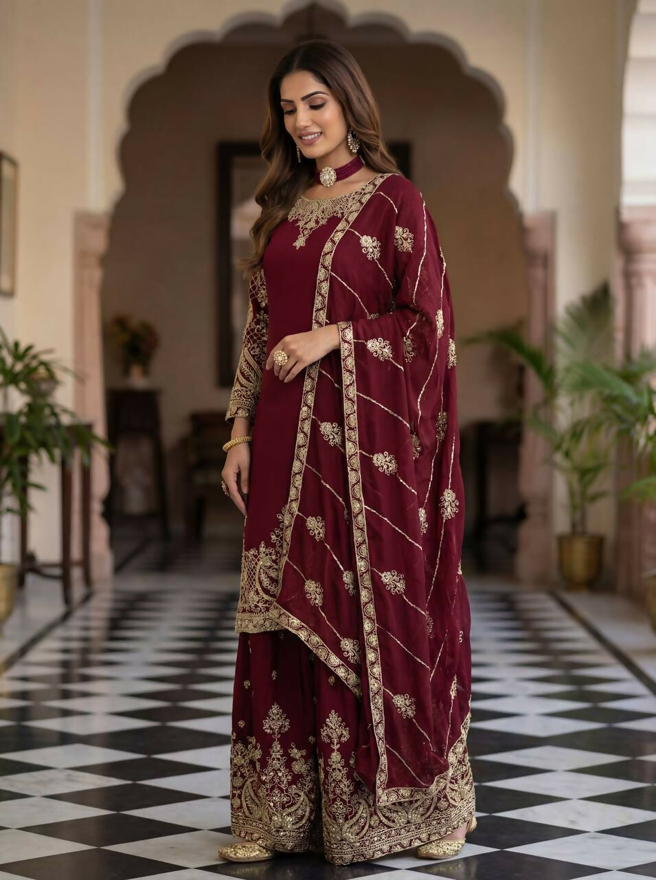 Teeya Creation Maroon Chinon Silk Designer Wedding Wear Embroidery Work Palazzo - Distacart