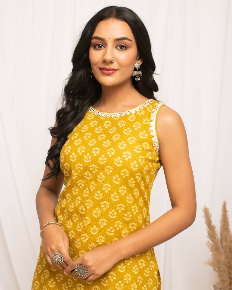 FIORRA Women's Floral Printed Yellow Cotton Straight Kurta - Distacart