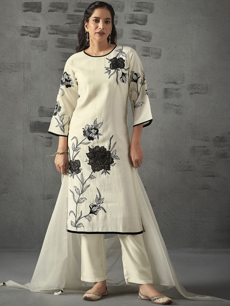 Anouk Floral Embroidered Regular Chanderi Silk Straight Kurta with Trousers & Dupatta - Distacart