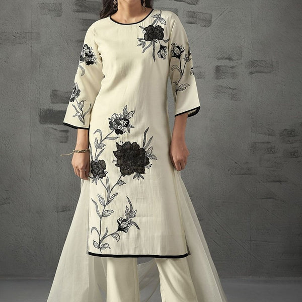 Anouk Floral Embroidered Regular Chanderi Silk Straight Kurta with Trousers & Dupatta - Distacart
