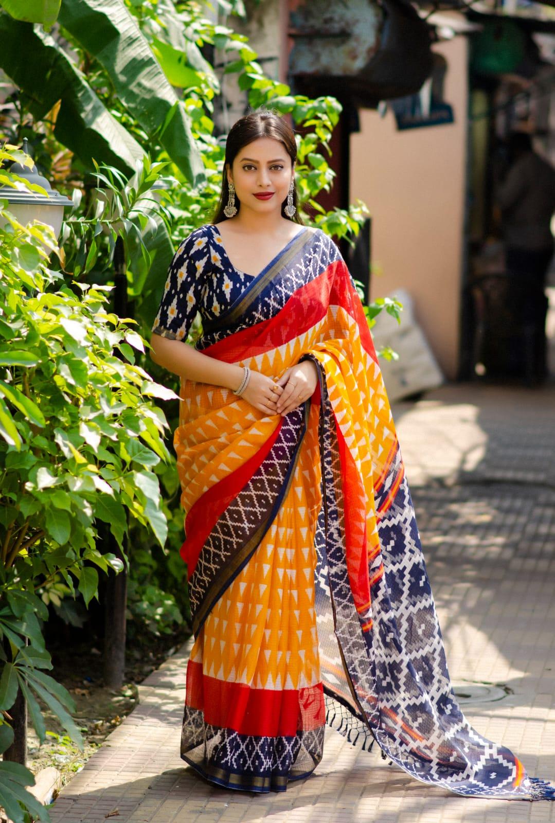 Yellow Polycotton Ethnic Motifs Saree with Unstitched Blouse - A2M - Distacart