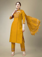 Thumbnail for Jyoti Fashion Women's Yellow Cotton Blend Embroidery & Fancy Lace work Kurta with Trouser & Dupatta - Distacart