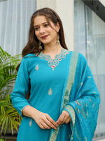 Thumbnail for The52 Blue Women's Gorgeous Viscose Fabric Embroidered Work Straight Kurta, Pant and Dupatta Set - Distacart