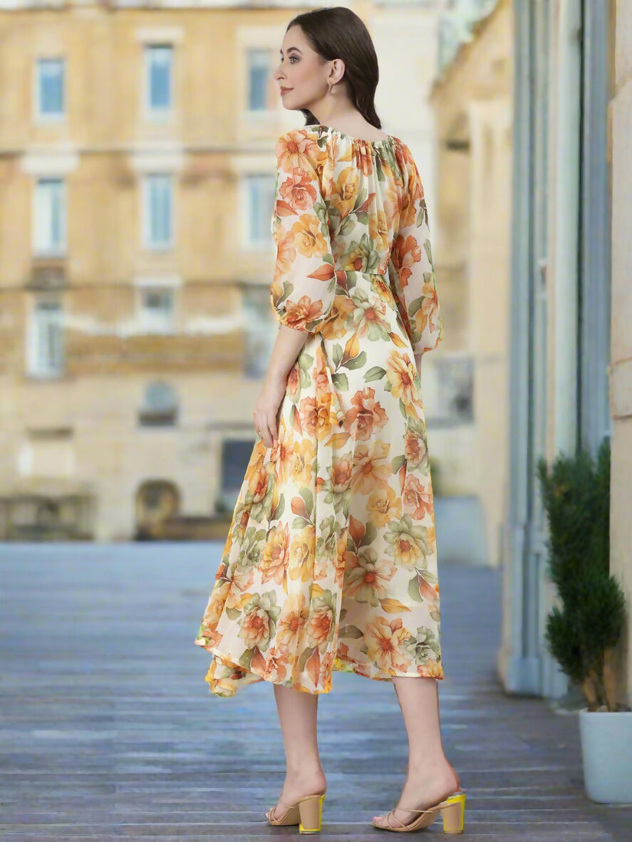 Souchii Cream Floral Chiffon Dress - Dista
