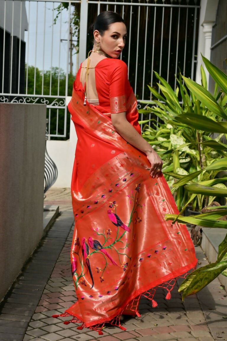 Vishnu Weaves Women's Red Paithani Silk Zari Woven Saree with Blouse
