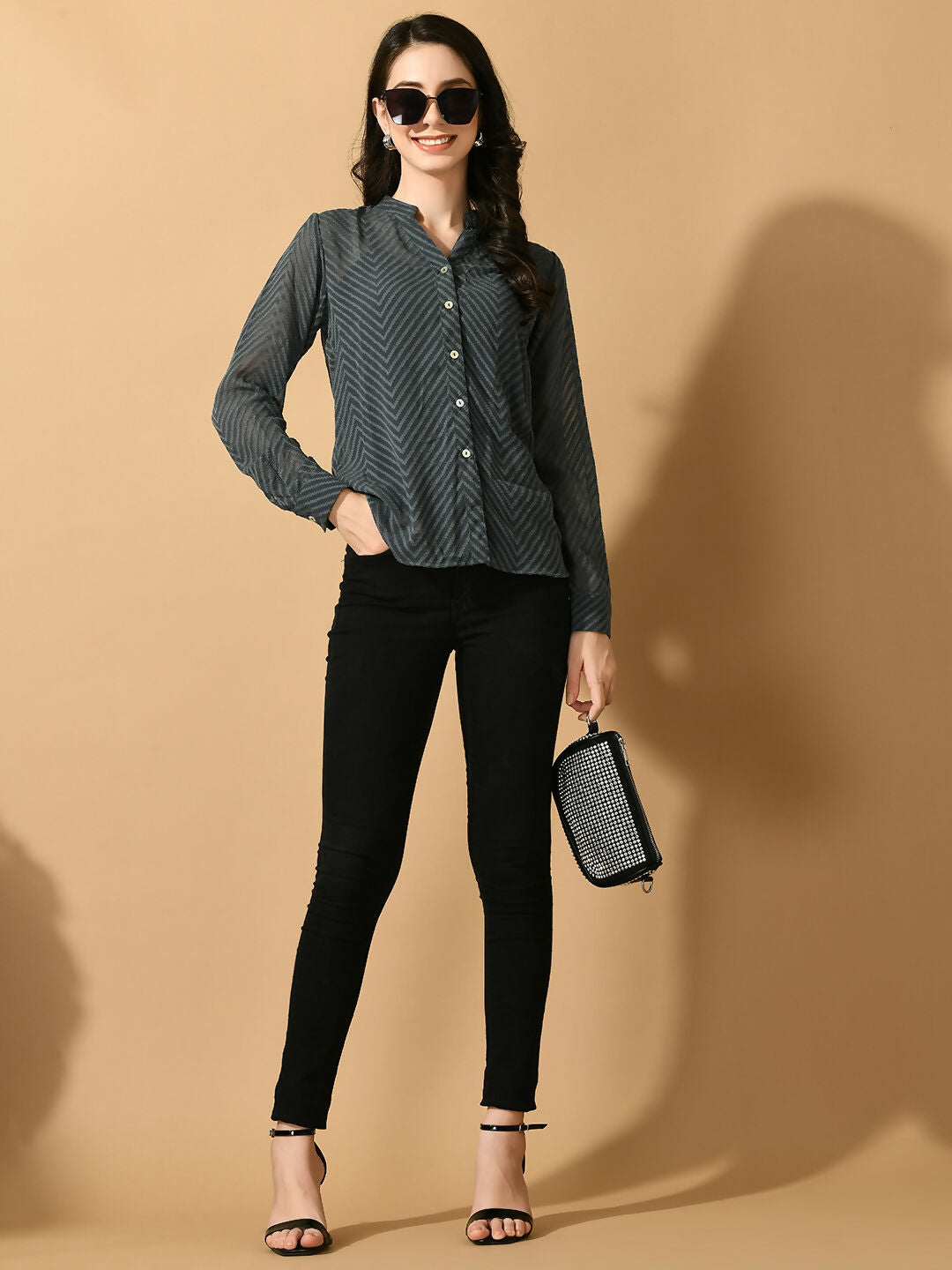 Myshka Women's Grey Georgette Solid Sheer Shirt - Distacart