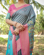 Thumbnail for Preksha Creation Grey & Aqua Blue Wedding Special Premium Tussar Silk Women Saree