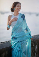 Thumbnail for Prime Volt Women's Sky Blue Floral Digital Print Soft Linen Saree With Blouse - Distacart