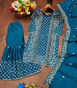 Thumbnail for Teeya Creation Teal Color Chinon Silk Embroidery Work Sharara Set - Distacart