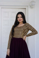 Thumbnail for Jyoti Fashion Women's Wine Sequence Zari Embroidered Faux Blooming Anarkali Dress - Distacart