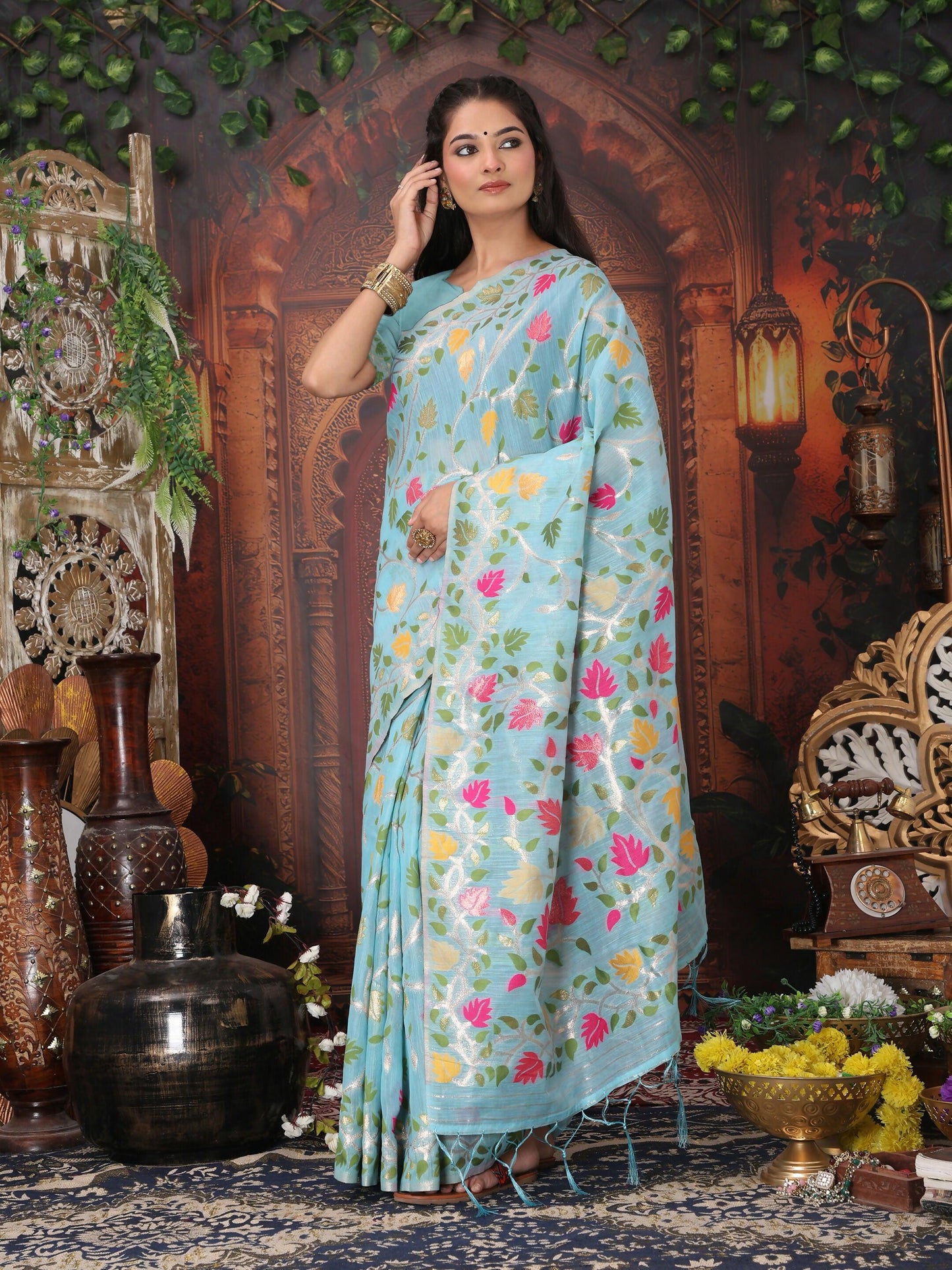 Shree Shyam Fashion Linen Cotton Sky Blue Saree - Distacart