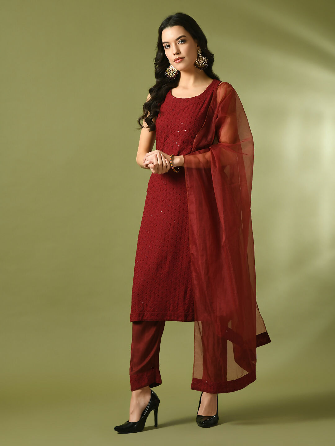 Myshka Women's Maroon Embroidered Cotton Straight Party Kurta Set With Dupatta - Distacart