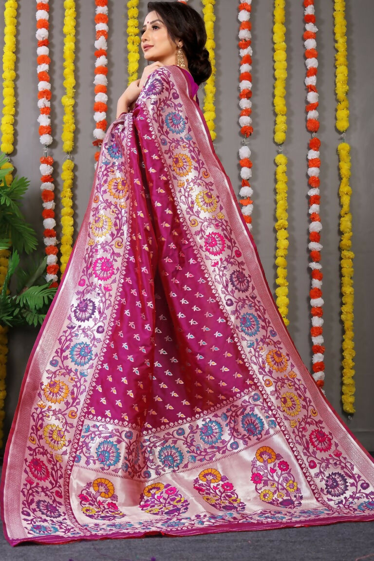 Jyoti Fashion Women's Magenta Banarasi Silk Zari Woven Saree with Blouse - Distacart