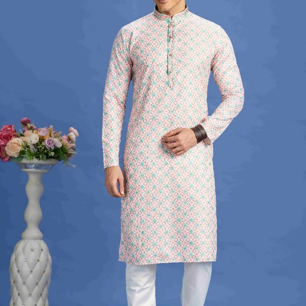 Raivat Ethnic Cotton Embroidery Kurta Pajama In Peach Colour - Dista