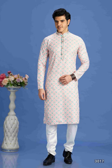 Raivat Ethnic Cotton Embroidery Kurta Pajama In Peach Colour - Dista