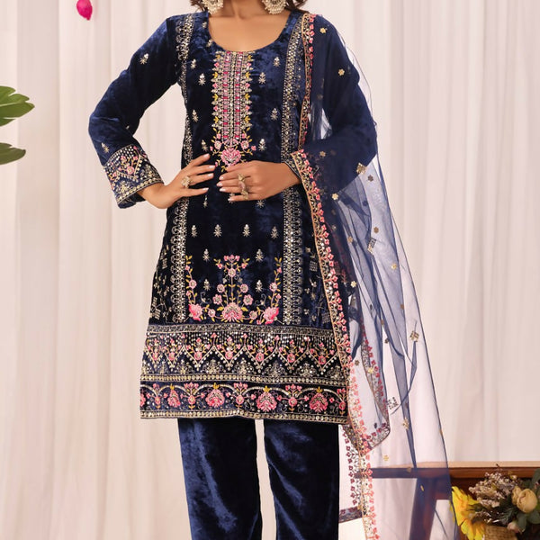 Joban Fashion Blue Velvet Embroidery Sequence Work Readymade Kurta Set - Distacart