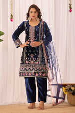 Thumbnail for Joban Fashion Blue Velvet Embroidery Sequence Work Readymade Kurta Set - Distacart