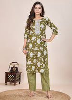 Thumbnail for Prazu Fashion Mahendi Printed Cotton Blend Kurta Pant Set - Distacart