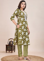 Thumbnail for Prazu Fashion Mahendi Printed Cotton Blend Kurta Pant Set - Distacart