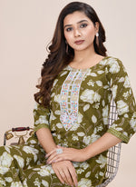 Thumbnail for Prazu Fashion Mahendi Printed Cotton Blend Kurta Pant Set - Distacart