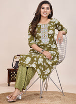 Thumbnail for Prazu Fashion Mahendi Printed Cotton Blend Kurta Pant Set - Distacart