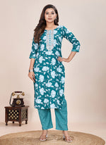 Thumbnail for Prazu Fashion Turquoise Printed Cotton Blend Kurta Pant Set - Distacart