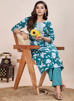 Thumbnail for Prazu Fashion Turquoise Printed Cotton Blend Kurta Pant Set - Distacart