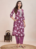 Thumbnail for Prazu Fashion Wine Printed Cotton Blend Kurta Pant Set - Distacart