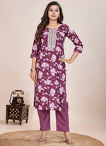 Thumbnail for Prazu Fashion Wine Printed Cotton Blend Kurta Pant Set - Distacart