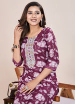 Thumbnail for Prazu Fashion Wine Printed Cotton Blend Kurta Pant Set - Distacart