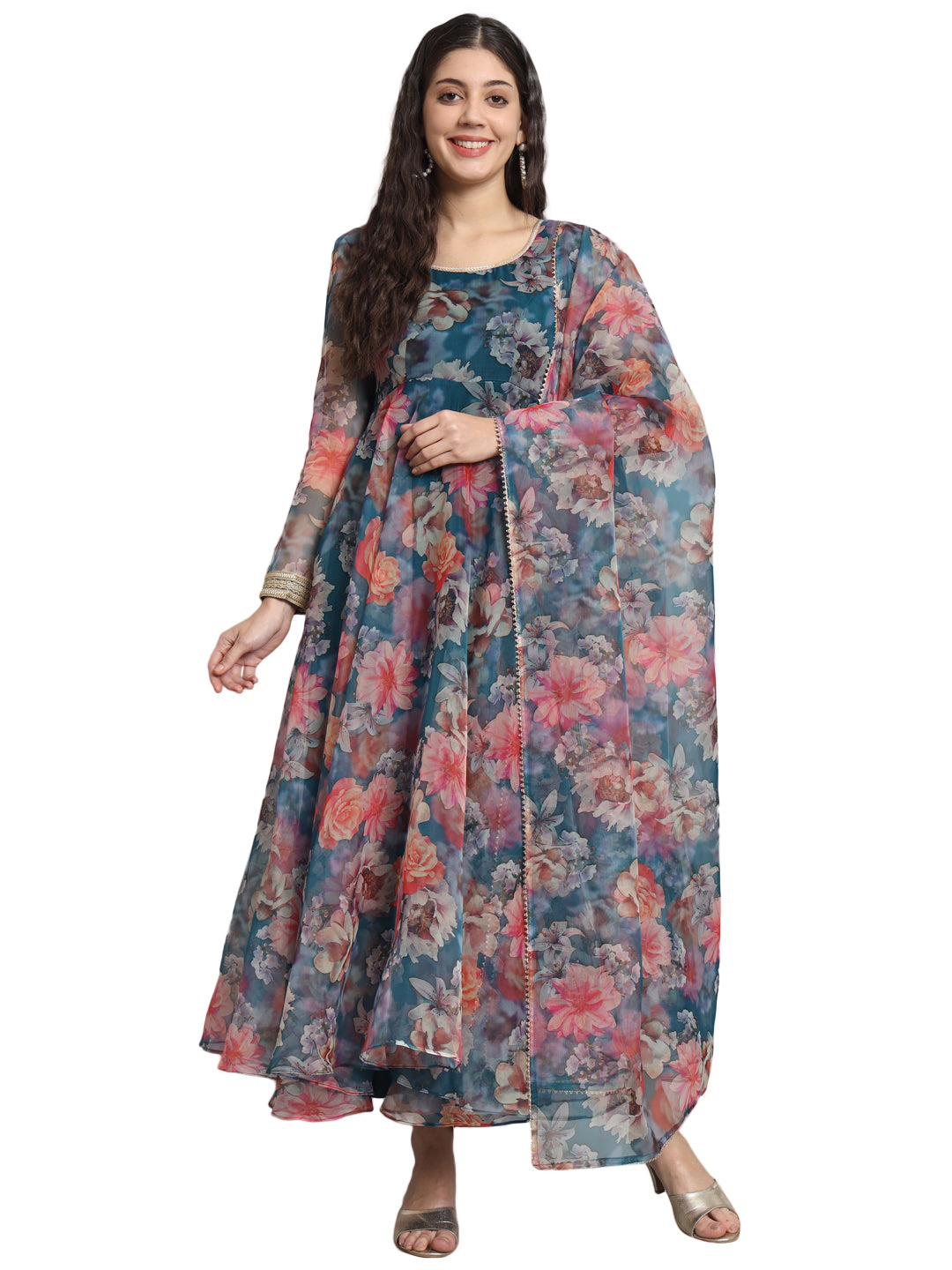 Fab Fashion Organza Floral Blue Gota Anarkali - Distacart