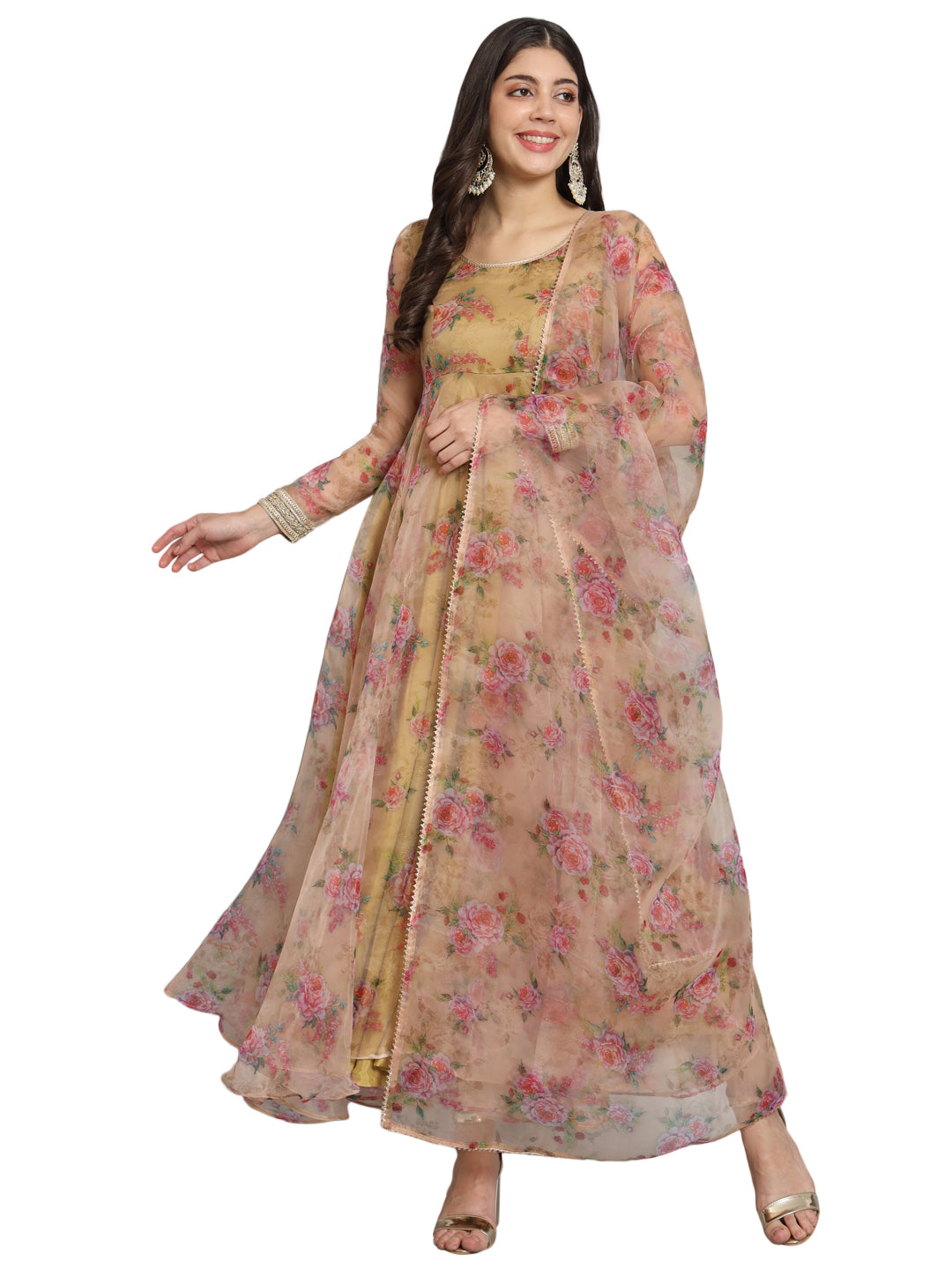 Fab Fashion Pink Floral Golden Organza Anarkali Set - Distacart
