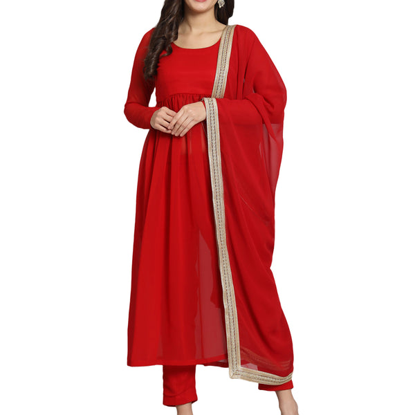 Fab Fashion Cherry Red Georgette Side Slit Set - Distacart