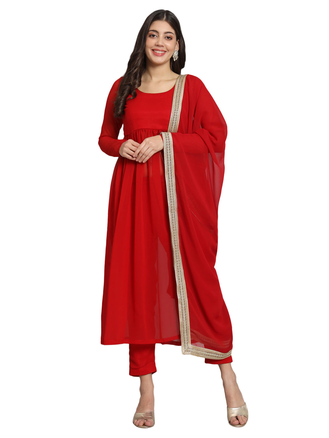 Fab Fashion Cherry Red Georgette Side Slit Set - Distacart