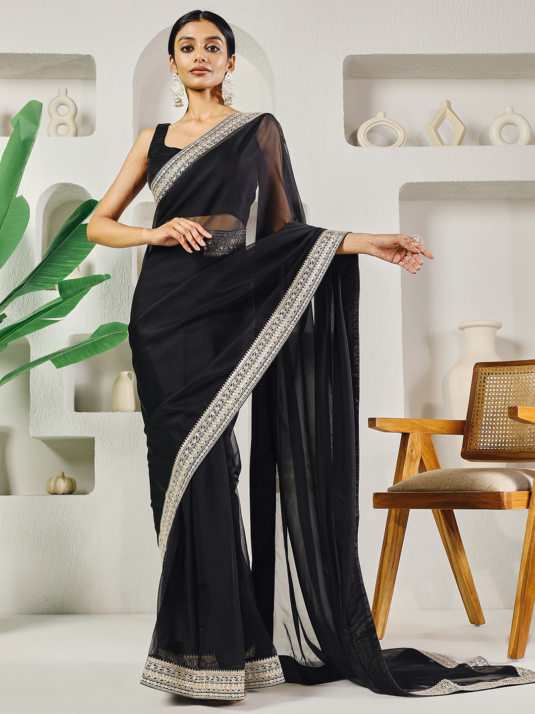 Fab Fashion Black Solid Ready to Wear Saree With Blouse - Distacart