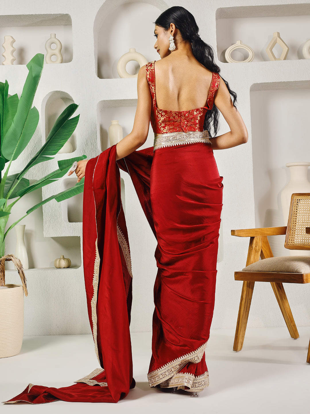 Fab Fashion Red Upara Ready to Wear Saree With Blouse - Distacart