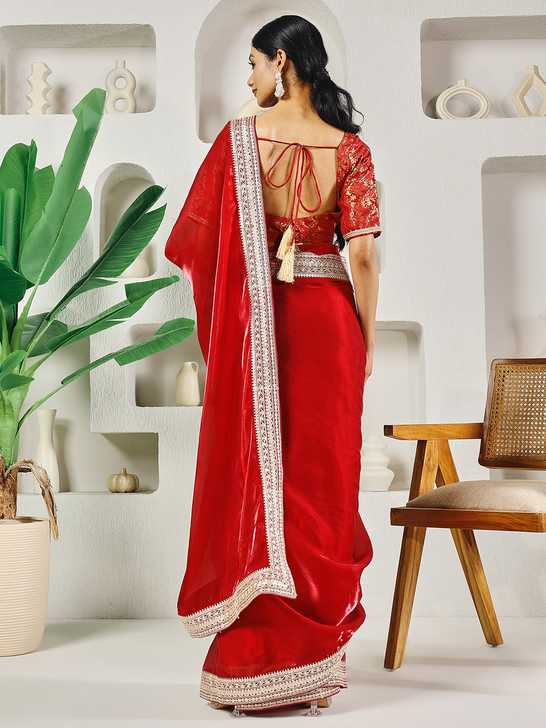 Fab Fashion Red Solid Ready to Wear Saree With Blouse - Distacart